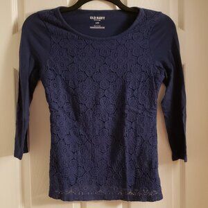 Old Navy Women's Navy Blue Lace Lined Top 3/4 Sleeve Round Neck T-Shirt Small